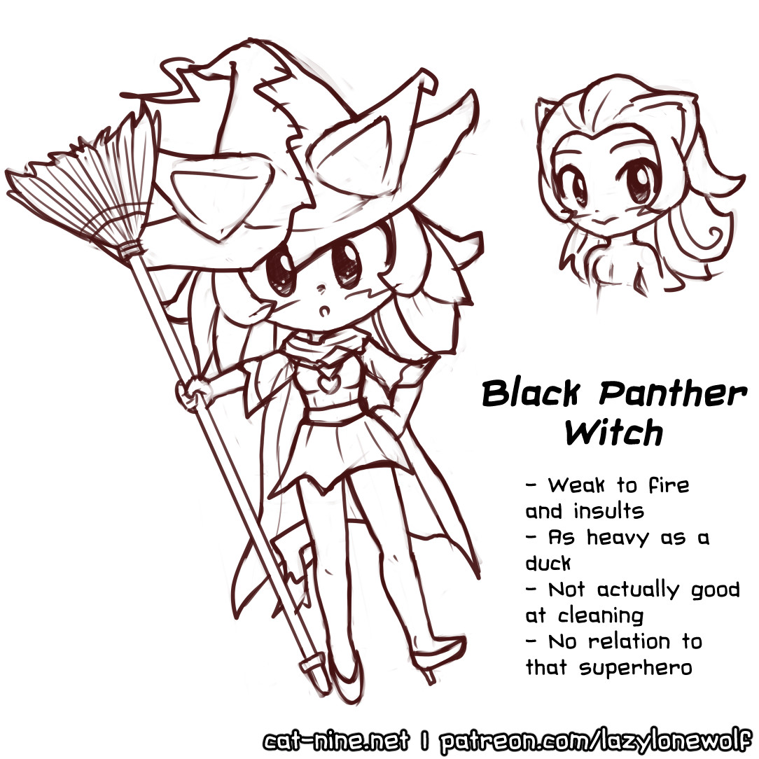 Bonus art and concept artwork of Magicat Myan in Black Panther Witch form