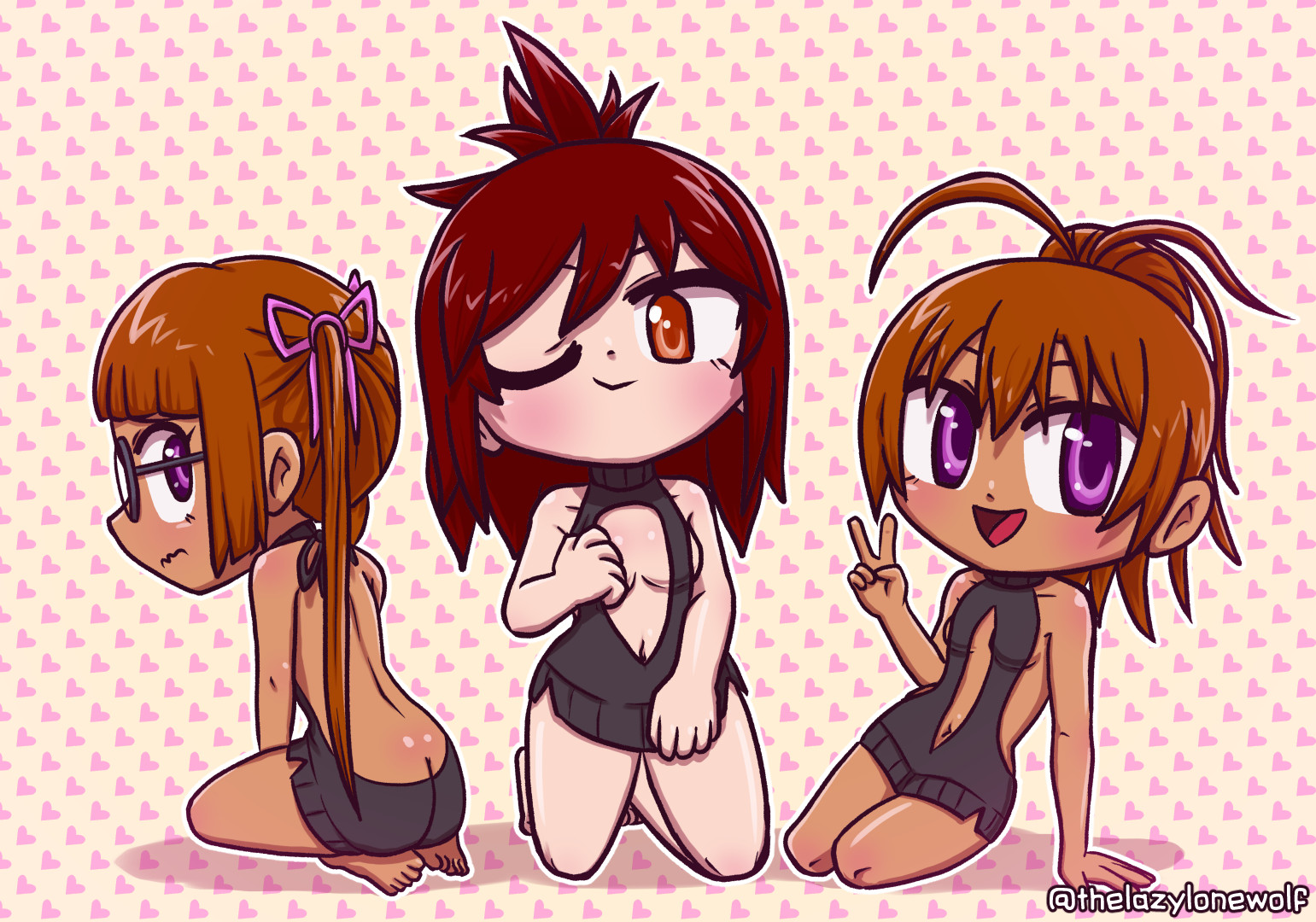 Commissioned artwork of Yuri, Anika, and ShiShi chibis in virgin killer sweaters
