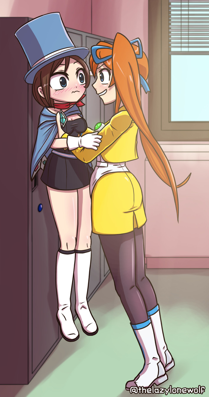 Commissioned fan art of Athene lifting Trucy against the lockers