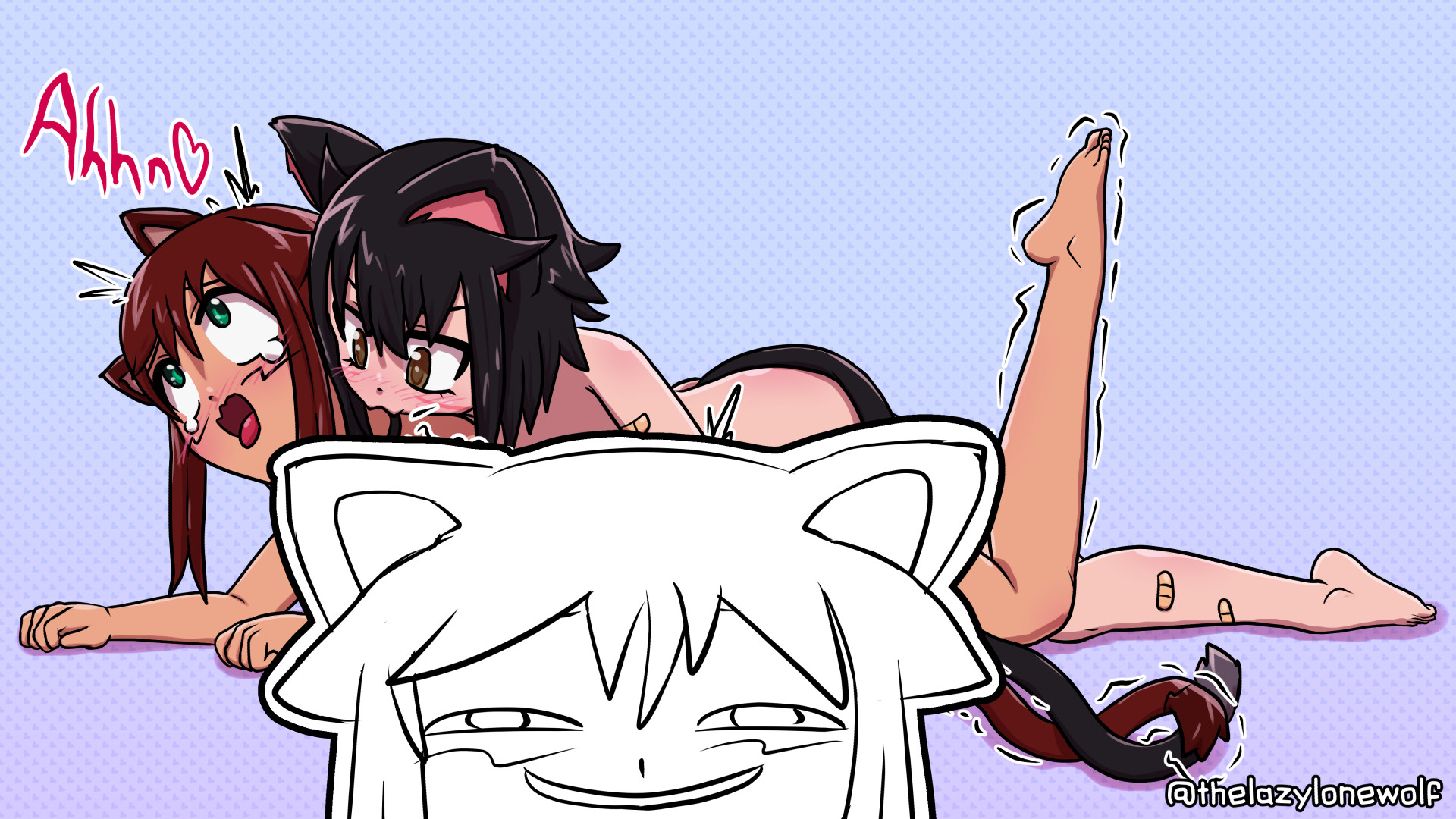 NSFW commissioned artwork of Myan and Kitty Meow-meow having lesbian sex. Censored.